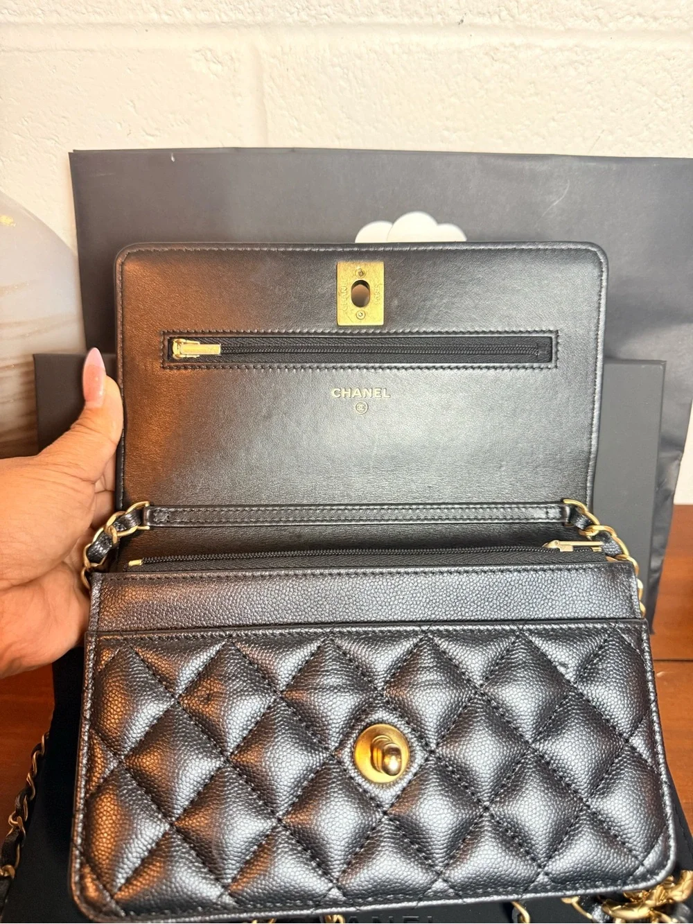 CHANEL Black Quilted Wallet with Gold CC Turn-Lock